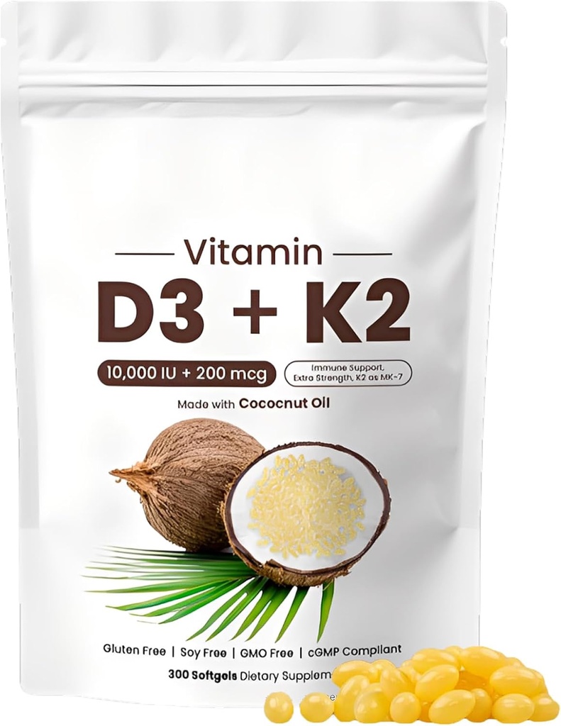 Naturespeak Vitamina D3 K2 10000 UI, 2-en-1 Aceite de coco Softgels con 10000 UI VIT D3 + 200 MCG Vitamin K2 para Bone, Immune & Heart Support ← Fácil de Tragar, No GMO, 300 Softgels