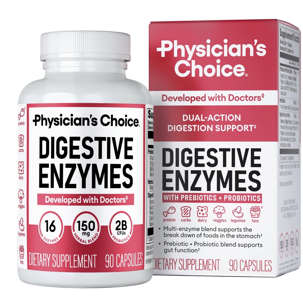 Enzimas digestivas de Physician para Bloating " Digestion - 16 Enzimas con prebióticos orgánicos " Probióticos para Gut " Salud Digestiva - Tiempo de Comida Alivio de Incomodidad - Soporte de doble acción - 90 TC