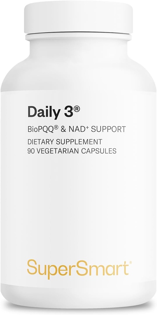 Supersmart Daily3 + Bio PQQ (Fórmula All-in-One) - Multivitamina para Mujeres y Hombres - 45 Nutrientes Esenciales ← No Gluten-Free ← 1 Mes de Suministro - 90 cápsulas vegetarianas