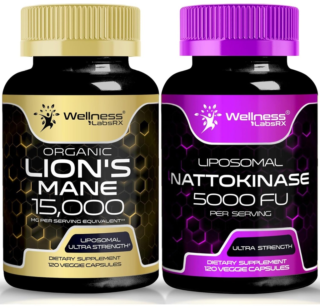 WELLNESS LABSRX Lions Mane Supplement Capsules with Nattokinase Capsules ← Bundle