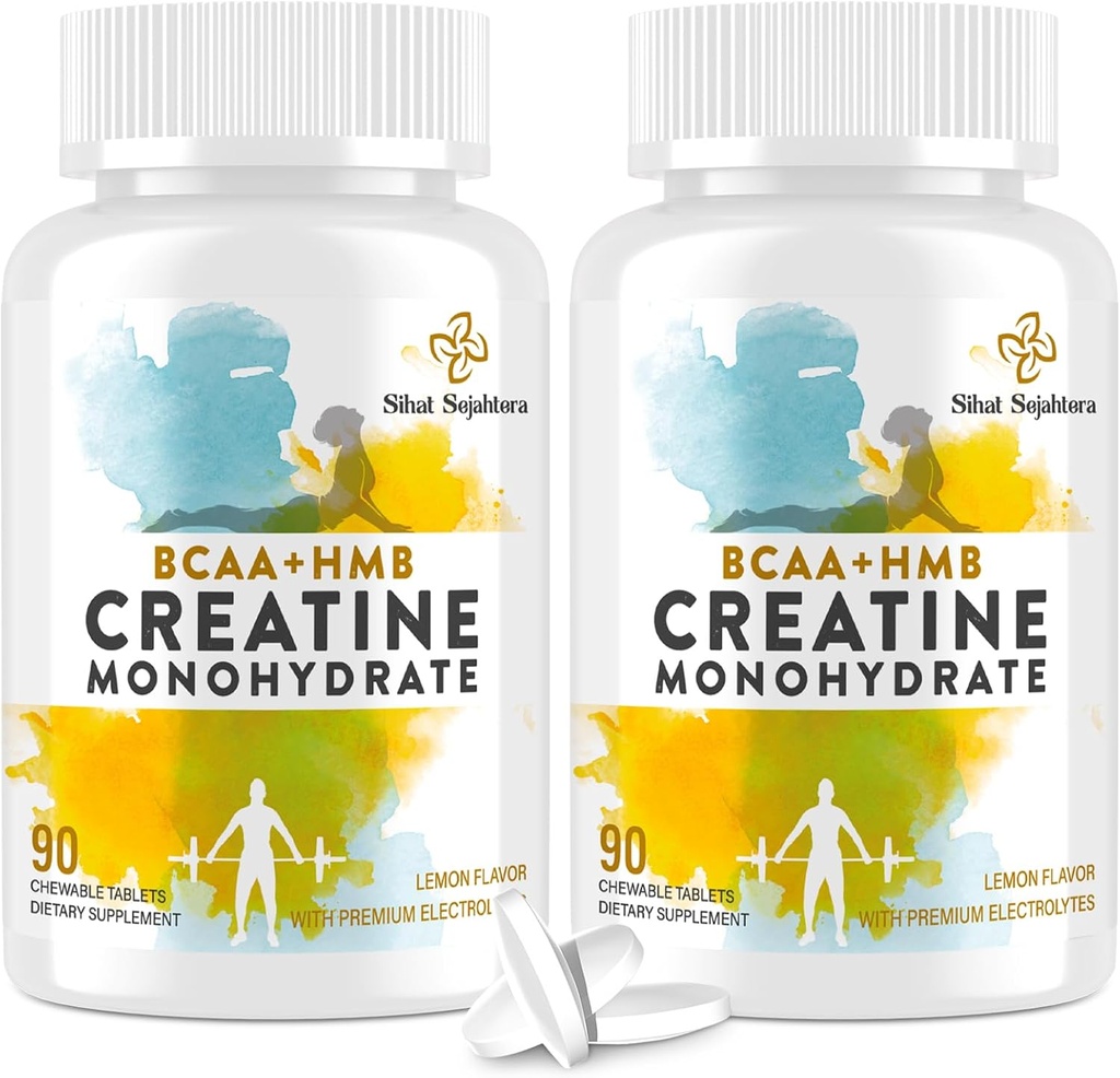 8-en-1 Monohidrato de Creatina con BCAA &amp; HMB, 5000 mg para Hombres &amp; Mujeres, Vacas Creatina para el Musculo, Recuperación, Resistencia &amp; Fuerza, Alta Absorción, Sabor de limón, Libre de azúcar, 180 Tabletas