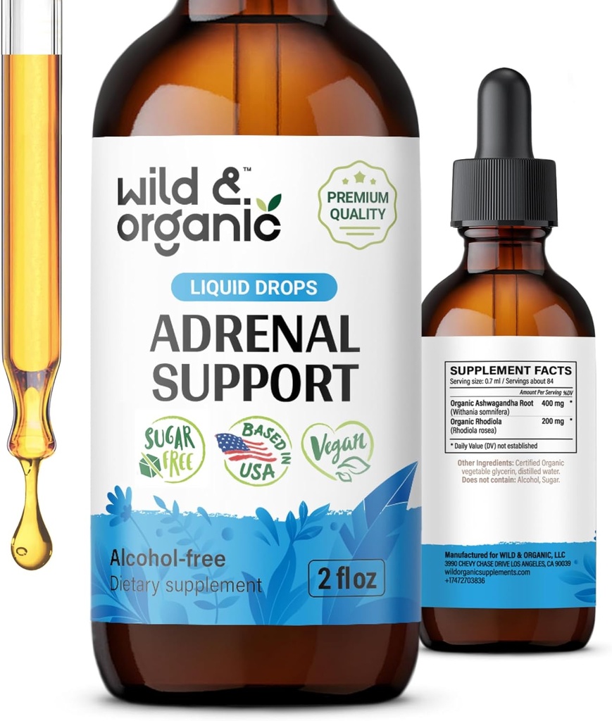 Wild & Organic Adrenal Support Tintura para Positivo Outlook - Complejo Adrenal con Ashwagandha, Rhodiola Root de Rosea - Suministro de 1 mes - Vegan, No Sugar & Alcohol - 2 fl oz