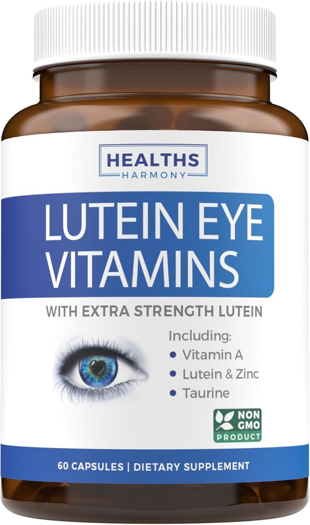Lutein Eye Vitamins (No-GMO) Vision Support Supplement for Tired and Dry Eyes - Maintain Vision Health with Zinc & Powerful Bilberry, Milk Thistle, Grape Seed, and Turmeric Extracts - 60 Capsules