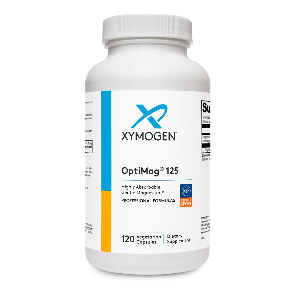 XYMOGEN OptiMag 125 - Suplemento Magnesio con Di-Magnesium Malate &amp; Glycinate Lysinate para apoyar Nerve, Muscle, Bone Health + Heart Health (120 cápsulas)