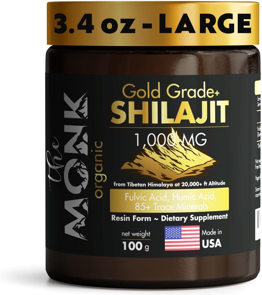Orgánico Himalaya Shilajit Resin with Fulvic Acid, Humic Acid, 85+ Minerals- Gold Grade Plus - 100g, 1000 mg Por Serving - Energy, Stamina, Brain Support - Made in The USA