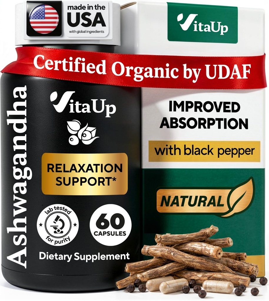 Ashwagandha capsules 1310mg con Black Pepper - USA hizo suplementos de Ashwagandha para el apoyo a la relajación, función cognitiva normal " Niveles de energía equilibrados – 60 caps
