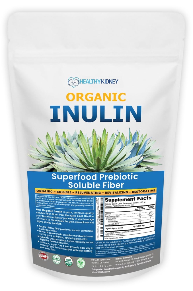 Pólvora de Inulina Orgánica (48oz/3 lbs) Gentle Agave Prebiótico Soluble Suplemento de fibra para el apoyo digestivo, Gut Health, Vegan Baking, Smoothies & Drinks