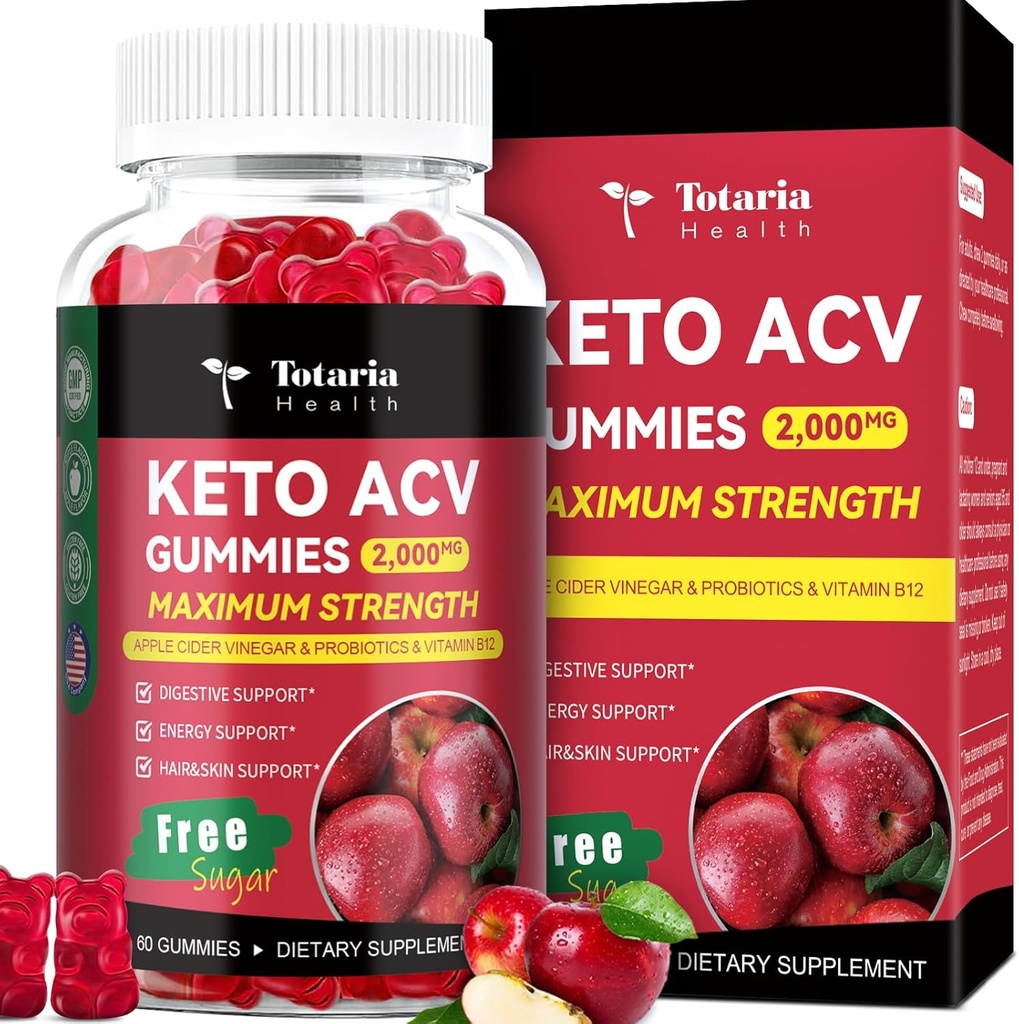 Totaria Keto ACV Gummies - 2000mg Apple Sider Vinegar Gummies Sugar-Free Support Estatura Salud con Probióticos, B12, Keto Suplementos para Mujeres y Hombres, 60 Condes