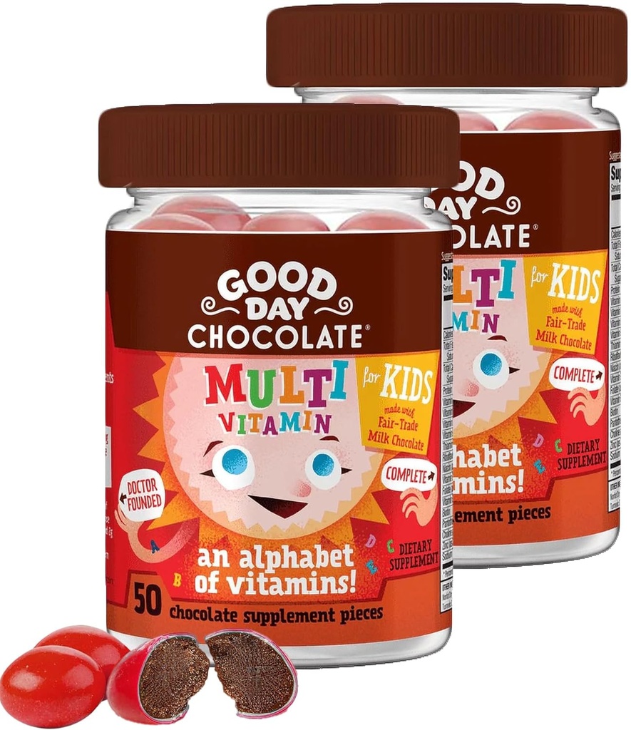 [BRSRAGDYOUFAMAI6] Chocolate de buen día completo multivitamínico para niños, Suplemento diario de vitaminas A, B6, B12, C, D, E, Folato y Biotina, Comercio Justo y Chocolate no GMO, 2 Pack