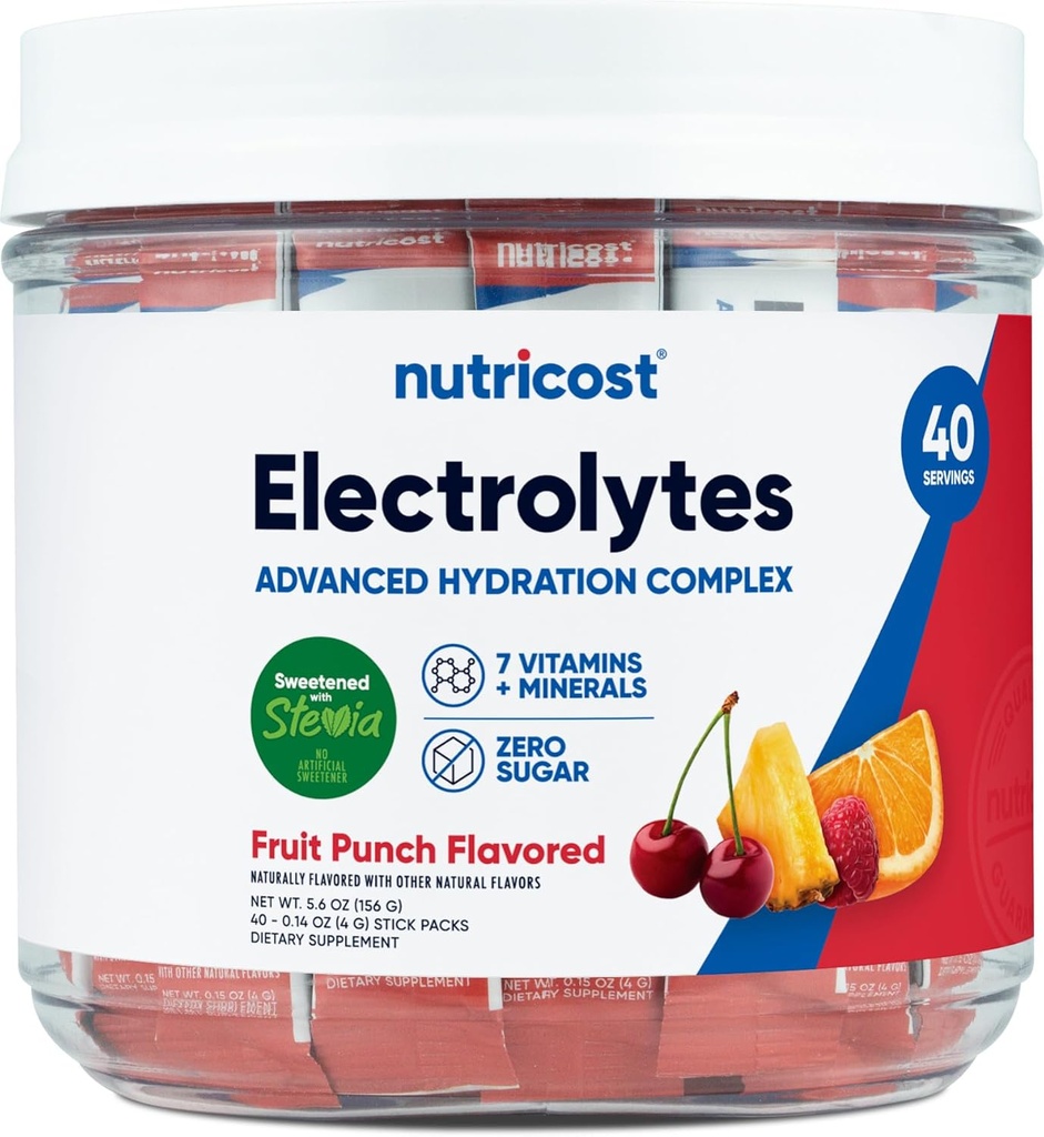 Complejo de electrolitos Nutricost, Flavorado de fruta, 40 Stickpacks - Complejo avanzado de hidratación