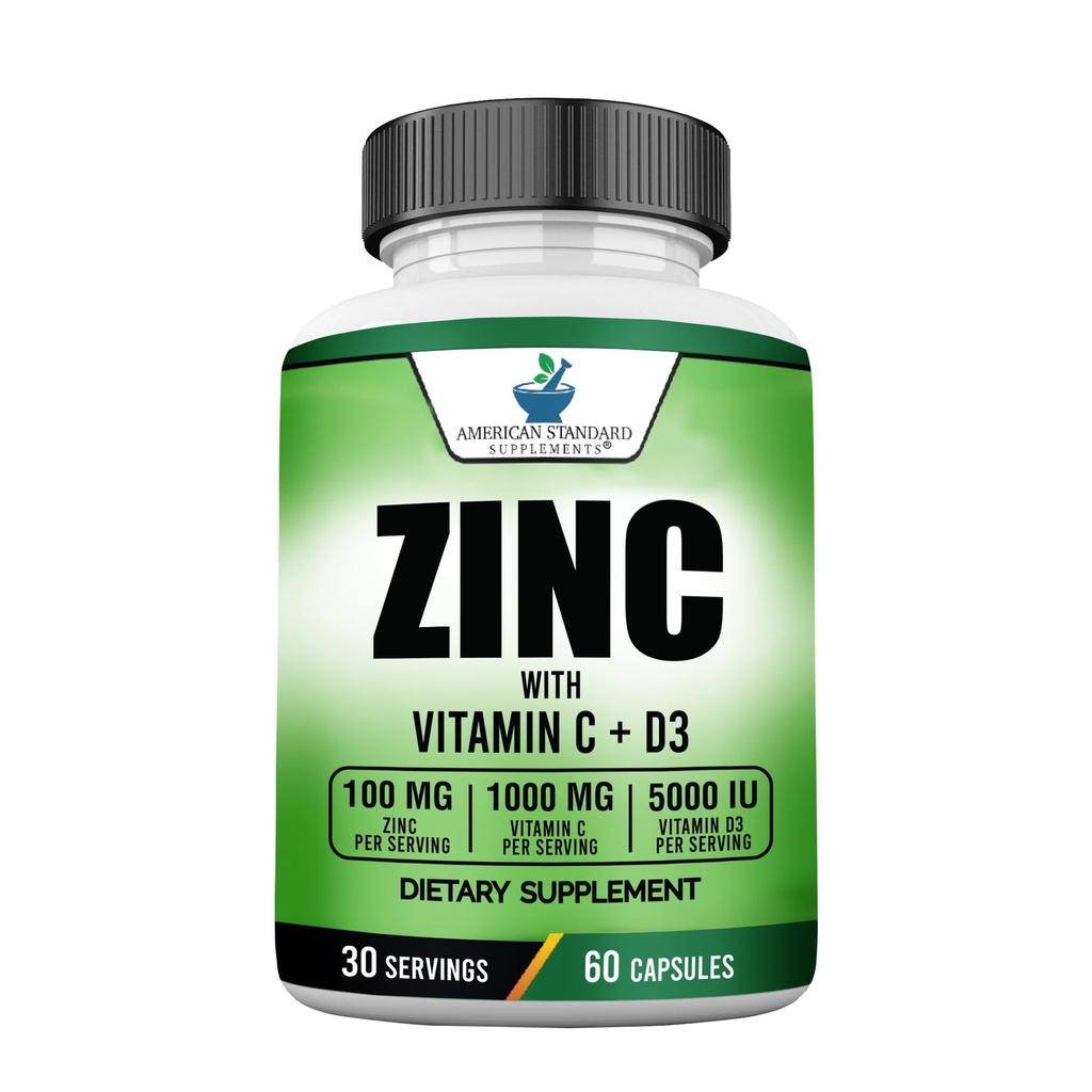 Suplementos Estandares Americanos Zinc 100mg, Vitamina C 1000mg y Vitamina D3 5000 UI (125mcg) Por Serving - Gluten Free, Non-GMO, 60 cápsulas, 30 Serviciones