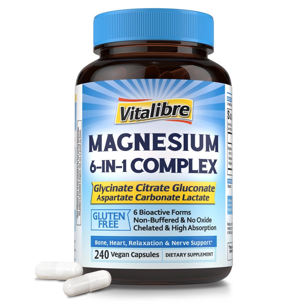 Magnesio Complejo de Magnesio Suplemento 6 en 1, 1160mg Magnesio Chelated para Max Absorción, Ayuda con mejor sueño, relajación &amp; Nerve Calm, 240 cápsulas Vegan, no GMO &amp; Gluten Gratis