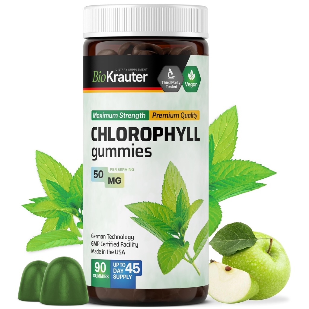 BIO KRAUTER® Chlorophyll Gummies for Body Odor & Detox Support - Vegan Chlorophyll Supplements for Women & Men - Natural internal Deodorant - 90 Detox Gummies, 45 Days of Supply, Apple Flavor, Non-GMO