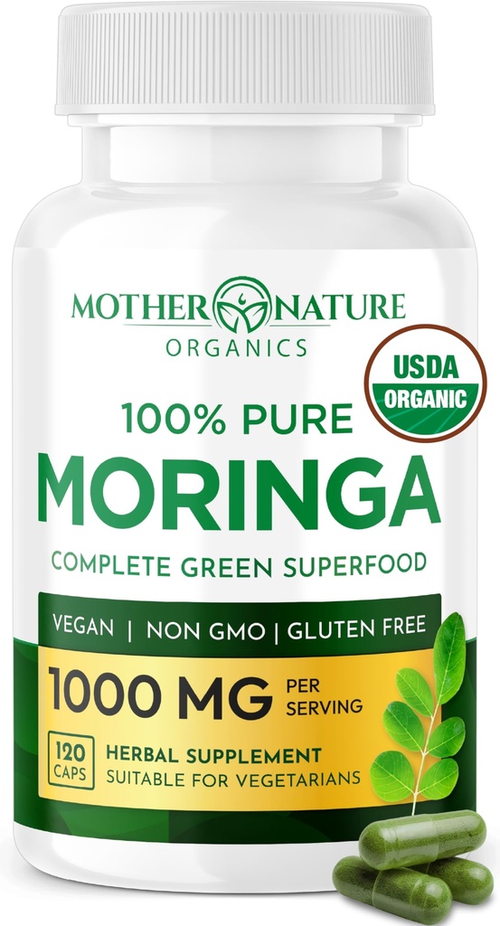 Madre Naturaleza Orgánica Moringa Capsules – Orgánica Moringa Leaf Powder, Origen Único, Energía &amp; Apoyo Inmunitario, Metabolismo, Focus, Vitamina C – Vegan, 500 mg, 120 cápsulas