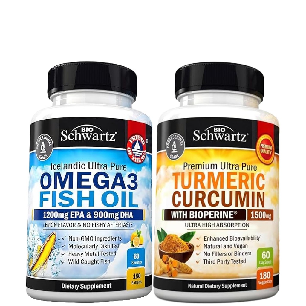 Triple Fuerza Omega 3 Fish Oil Softgels (2 Mes de Suministro) Más Curcumina Turmérica con Pepper Negro Extracto Complejo de 1500 mg (2 Mes de Suministro)