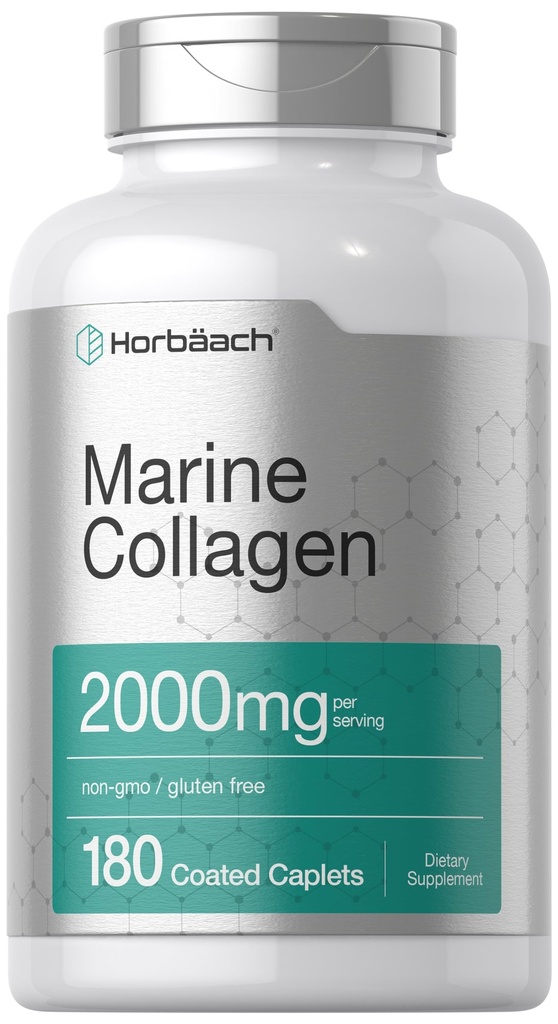 Horbäach Marine Collagen Peptides 2000mg Ø 180 Caplet Capsules Silencio Tipo 1 con Calcio Silencioso No GMO, Gluten Suplemento gratuito