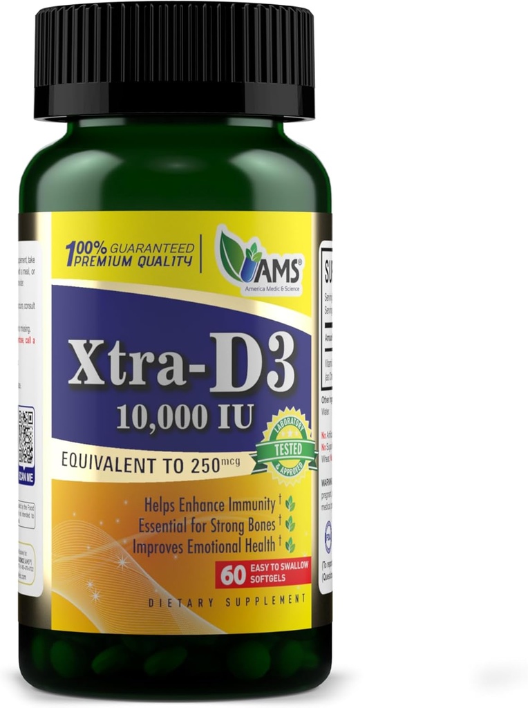 America Medic &amp; Science Xtra D3 Vitamina D 10,000 UI (250 mcg) Suplemento Cholecalciferol para Hombres &amp; Mujeres (60 Easy to Swallow Softgels) Mejor para Hueso, Salud del Corazón, Apoyo al Sistema Inmunitario, Función de Pulido