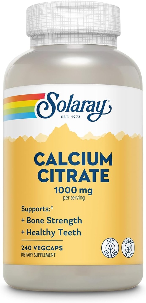 Solaray Calcium Citrate 1000mg - Suplemento de calcio Chelated - Soportes Bone Strength and Healthy Teeth - Fácil de digerir - Garantía de 60 días, Vegan - 60 Servings, 240 VegCaps