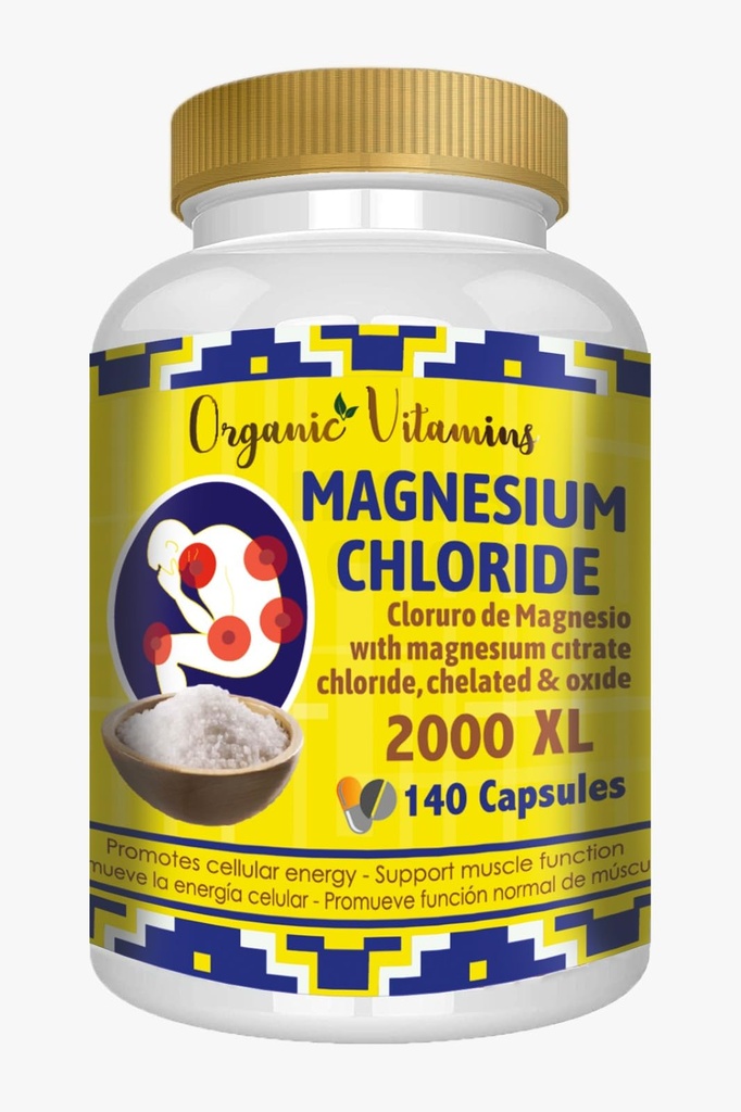 Magnesio Chloride (cloruro de magnesio) 140 cápsulas - Suplemento de Magnesio de Alta Absorción con Citrate, Chelated y Oxide High Potency Mg. Fácil de Tragar, No GMO