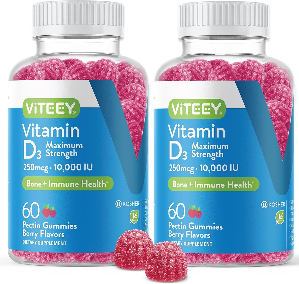 VITEEY Vitamina D3 Gummies para Adultos & Adolescentes - 10,000 UI, 250mcg, máxima fuerza - Conjunto & Muscle Health, Immune Boost - Chewable Vitamin D Gummies - Vegetariano, Gelatin Gratis - Tasty Berry Flavored