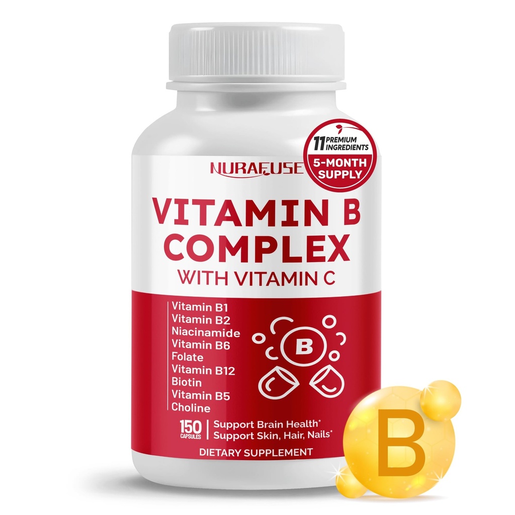 Vitamina B Complejo Vitamina B1, B2, 6,9,12 Niacina, con Vitamina C - Apoyo a la salud cerebral, niveles de energía, piel, pelo y uñas - Hecho y probado en los EE.UU.