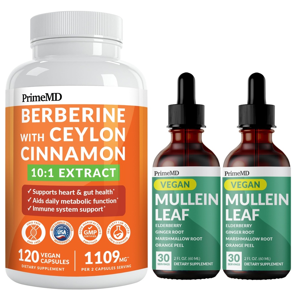 21-in-1 suplemento de bereberina con cromo de canela de Ceylán, Melón de Bitter y Té Verde (120 ct) & 5-in-1 Mullein gotas para pulmones y salud pulmonar respiratoria " Bronchial Support (60 Servings)