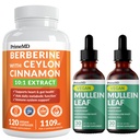 21-in-1 suplemento de bereberina con cromo de canela de Ceylán, Melón de Bitter y Té Verde (120 ct) & 5-in-1 Mullein gotas para pulmones y salud pulmonar respiratoria " Bronchial Support (60 Servings)