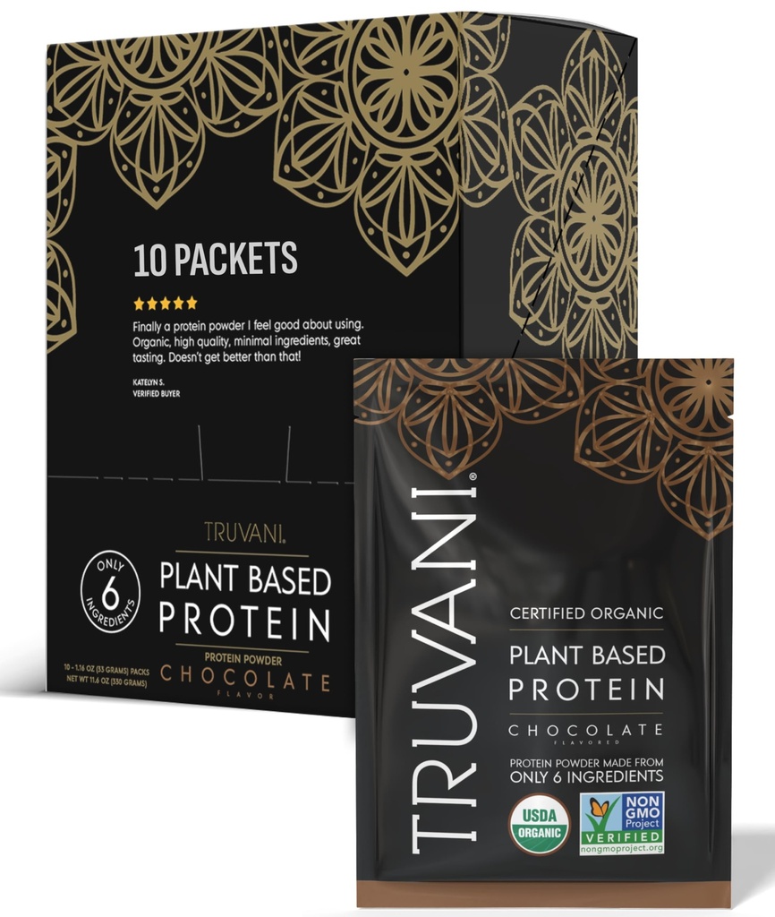 Truvani Vegan Pea Protein Powder ← Chocolate ← 20g Org Orgánica de plantas basadas Proteínas Silenciosos de viaje Únicas 10 servidos Silenciosos Keto ← Gluten " Dairy Free Silencio Bajo Carb Silencio No Añadido Sugar