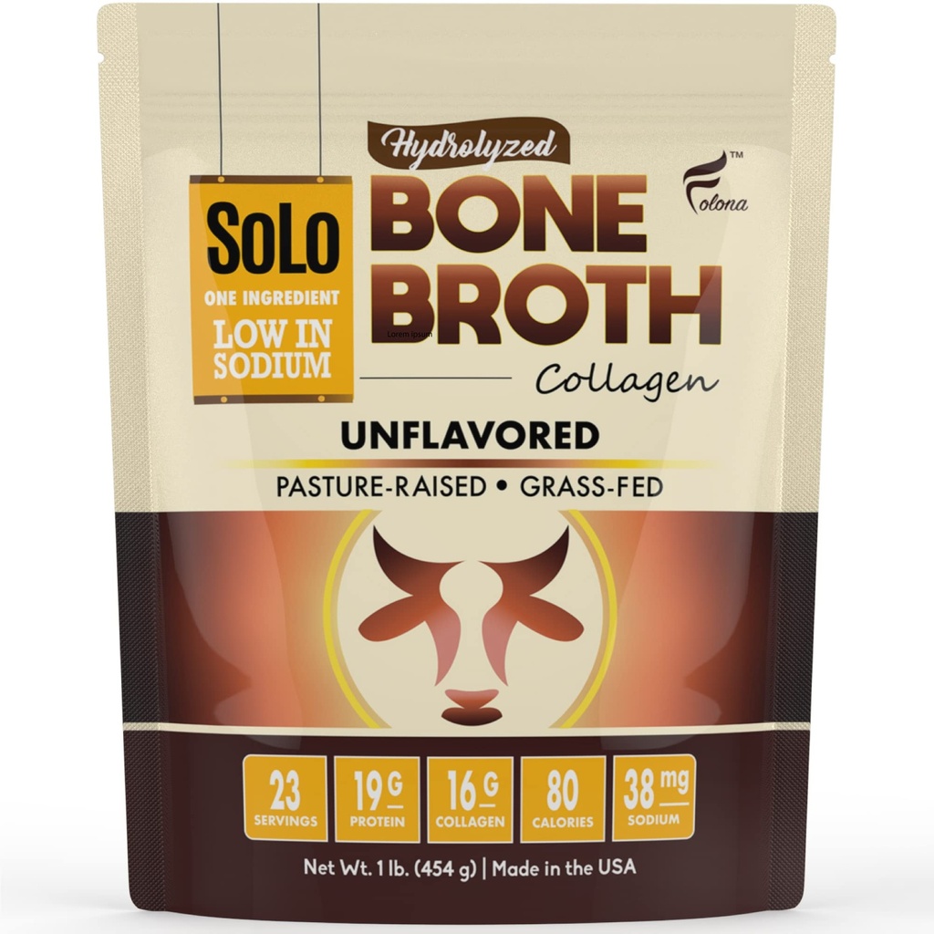 Solo Bono Broth Protein Collagen Powder Low Sodium, 16g Collagen hidrolizado Tipo I " III, para la piel sana, uñas, cabello, articulaciones " , Hecho de hierba, 1 lb (Bag - Net Wt. 1 lb. Polvo)