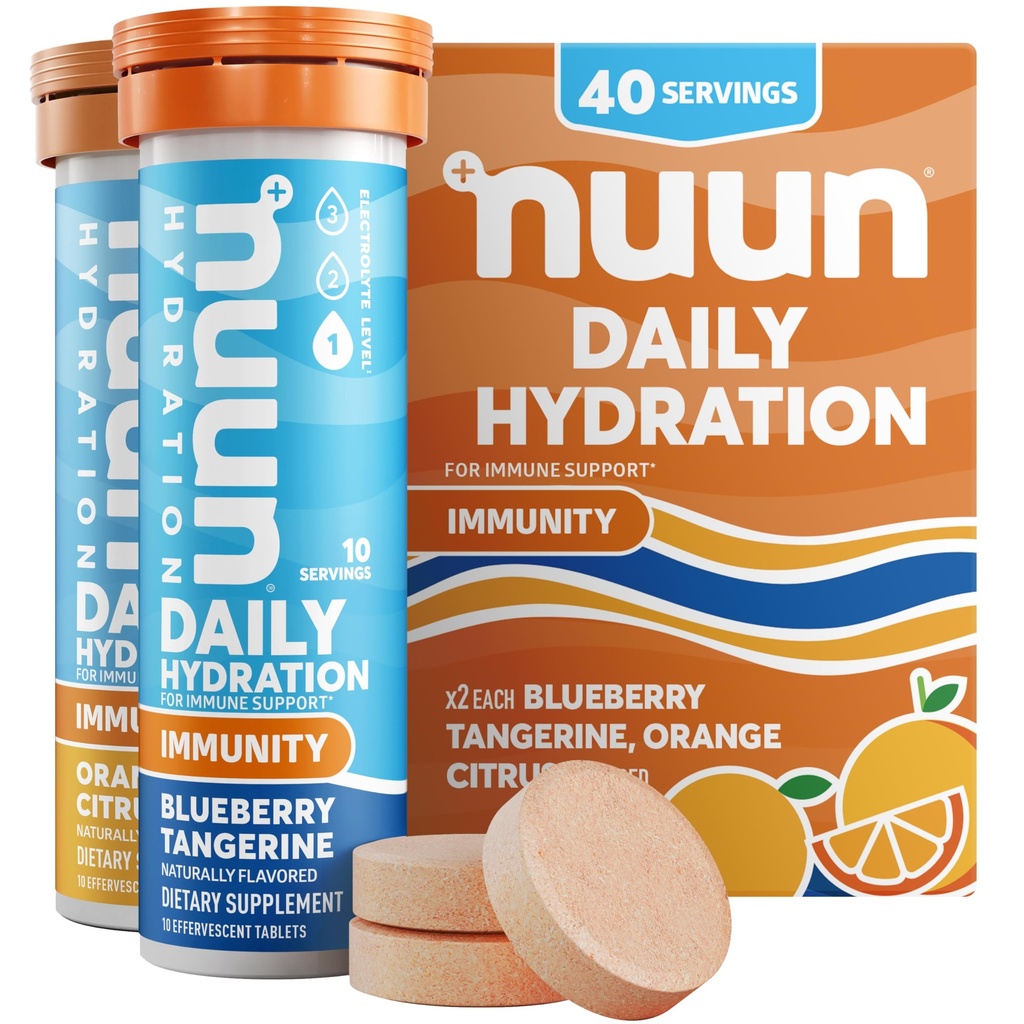 Nuun Immunity Electrolyte Tablets with Vitamin D, C, E, " A, Ginger, Elderberry, Magnesium " 4 Other Essential Electrolytes, Vegan, Blueberry Tangerine " Orange Citrus, 4 Pack (40 Servings Total)