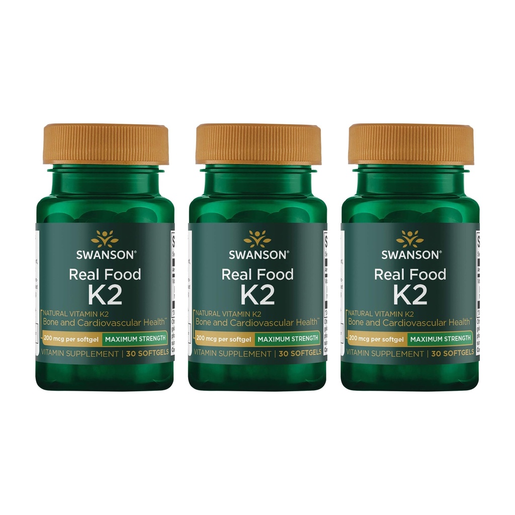 Swanson Maximum Strength Vitamin K2 (Menaquinone-7)-Vitamin Supplement Supporting Cardiovascular and Bone Health-Made from Japanese Natto to Help Regulate Calcium (30 Softgels, 200mcg Cada) (3 Pack)