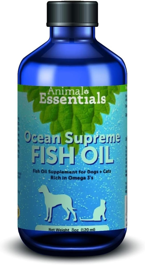 Animal Essentials Ocean Supreme Fish Oil for Dogs & Cats - Rich in Omega 3, Skin and Coat Health, Fish Oil Liquid Supplement, Human Grade Herbs - 8 Oz