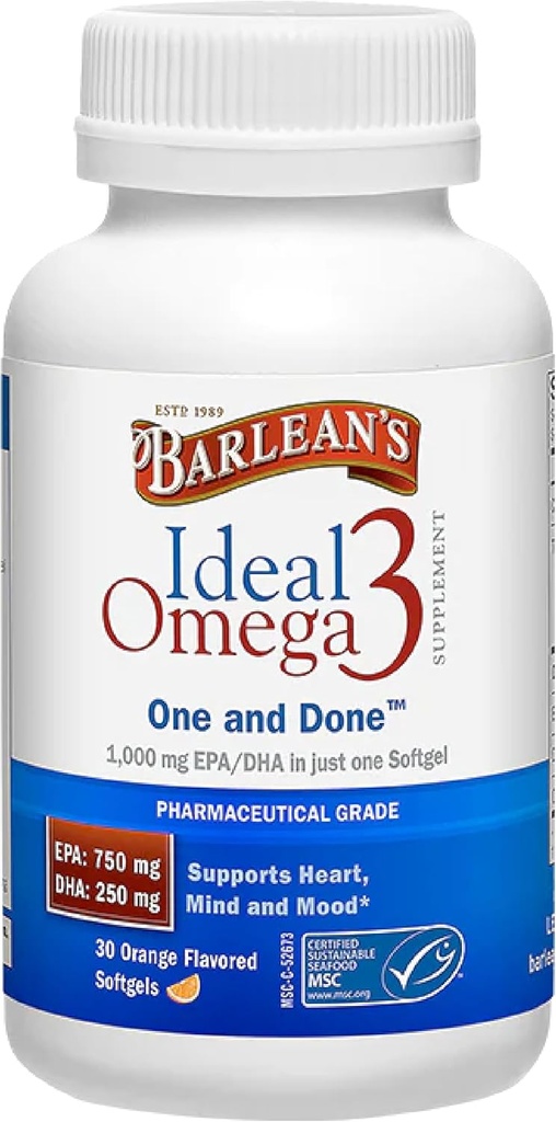 El Ideal Omega 3 Suplemento Nutricional de Barlean Softgels con 1.000 mg EPA/DHA para el corazón, la mente y el mood - Mariscos Sostenibles Certificados, Grado Farmacéutico - 30-Count