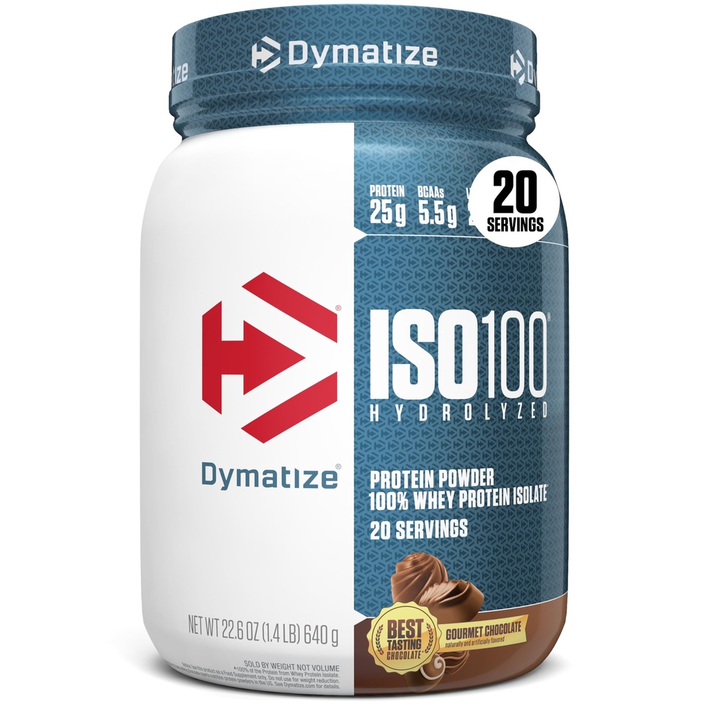 Dymatize ISO100 Whey Protein Powder Isolate, Gourmet Chocolate, 25g of Protein, 20 Servings, 5.5g BCAAs, Less Than 120 Cal., Gluten Free, 1g Fat, 1g Sugar, 2g Carb.