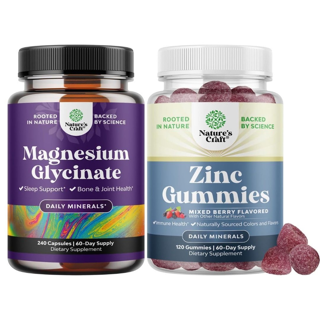 Bundle of Pure Magnesium Glycinate 400mg Por Serving for Mood Sleep and Relaxation 240ct and Extra Strength Zinc Gummies for Adults - Immunity Gummies for Adults