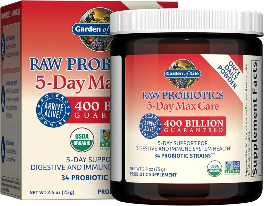Jardín de Vida Pólvora Probiótica Orgánica para Mujeres y Hombres - Probióticos Raw 5-Day Max Care 400 Billion CFU - Banana, High Bifido 5 Day Formula con Enzymes, Prebióticos para la Salud Digestiva e Inmunitaria