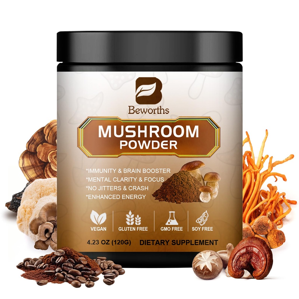 Café de hongos - Lions Mane Mushroom Powder Café instantáneo con Lion's Mane, Reishi, Chaga, Cordyceps, y Turquía Tail - Mushroom Coffe Alternativa para la energía, Claridad mental > Enfoque cerebral