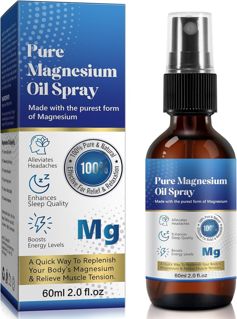 Puro rayo de aceite de magnesio, 100% Puro &amp; Magnesio Natural, Gluten Free, No GMO Topical Magnesium Body Spray con aceites de romero y eucalipto, aceite de magnesio para pies, 2.02FL.OZ (#1)