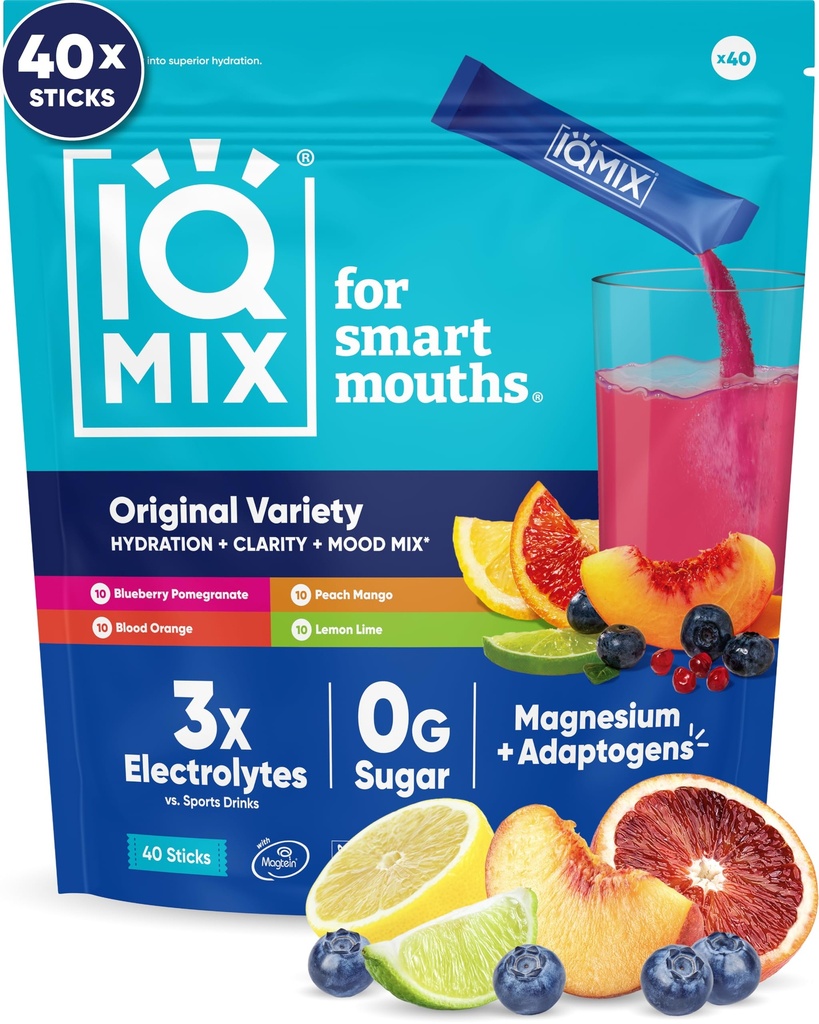 IQMIX Hidration Electrolyte Powder – 4-en-1 Fórmula para la hidratación, la claridad mental, el humor y la recuperación – Sugar-Free Drink Mix, Keto, Magnesium L-Threonate, Lion’s Mane – 40 Contando Variedad Pack