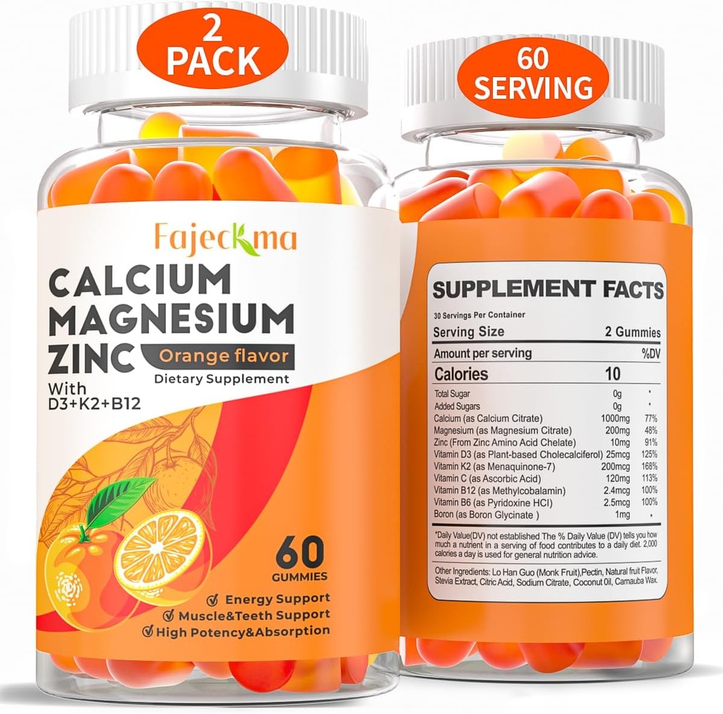 Magnesio de calcio Zunc Gummies for Adult: Organic 1000mg Calcium Citrate Magnesium Supplement with D3 B12 - Sugar Free High Absorption Supplement for Women Men (60 Count(Pack of 2))