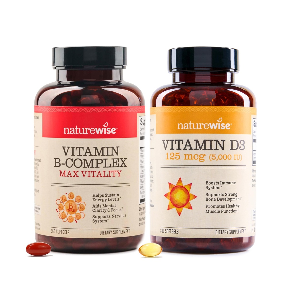 NatureWise Vitamina B Complejo 360 Softgels[1-Año de suministro] & Vitamina D3 5000iu 360 Cuenta Mini Softgels[1-Año de suministro]