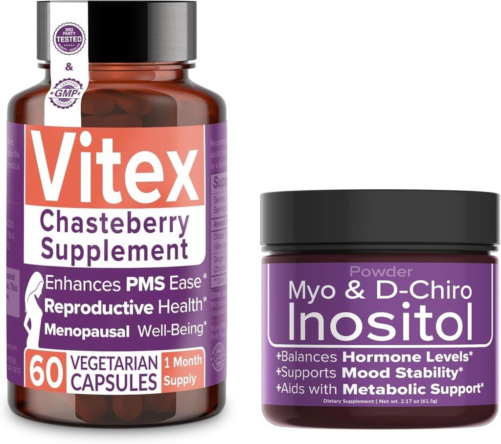 Rosa íntima Ahorre 10% en Saldo hormonal & Wellness Reproductivo Bundle – Vitex Chasteberry Suplemento + Myo & D-Chiro Inositol Powder para PCOS & Menstrual Support