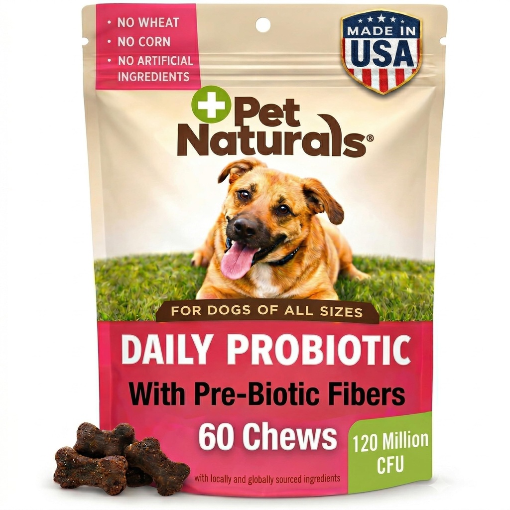 Pet Naturals Probiótico diario para perros, 120M CFUs - Pre y Probióticos para perros Salud Digestiva, Salud Gut, Apoyo Inmunitario, Diarrea, Alergias e Itching - 60 Chews, Sabor de Pato