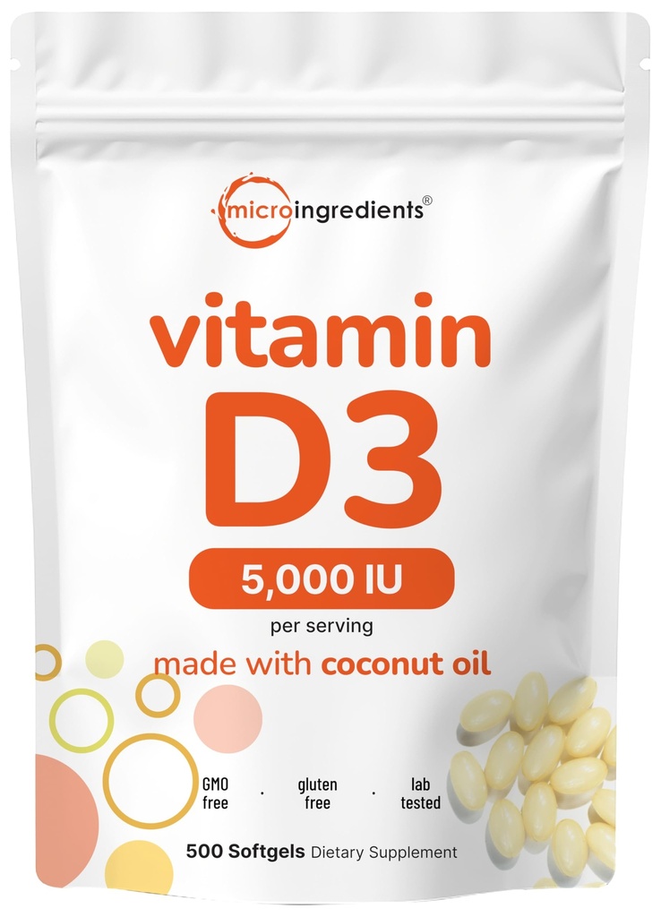 Micro Ingredientes Vitamina D3 5,000 UI, 500 Softgels  durable Virgin Coconut Oil ¦ Cholecalciferol Form ¦ Bone, Immune & Heart Support ← Fácil de Swallow, No GMO