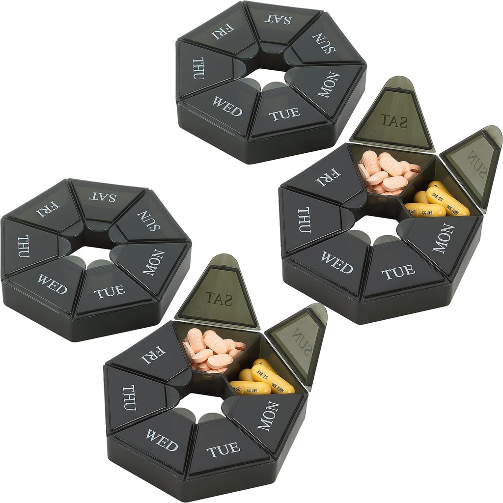 Organizador semanal de píldoras - (Pack of 4) 7-Day Pill Container - Artritis Friendly Portable &amp; Compact Travel Case Daily Compartment Medicine Pills Box for Supplements, Medication, Vitamins and Fish Oils