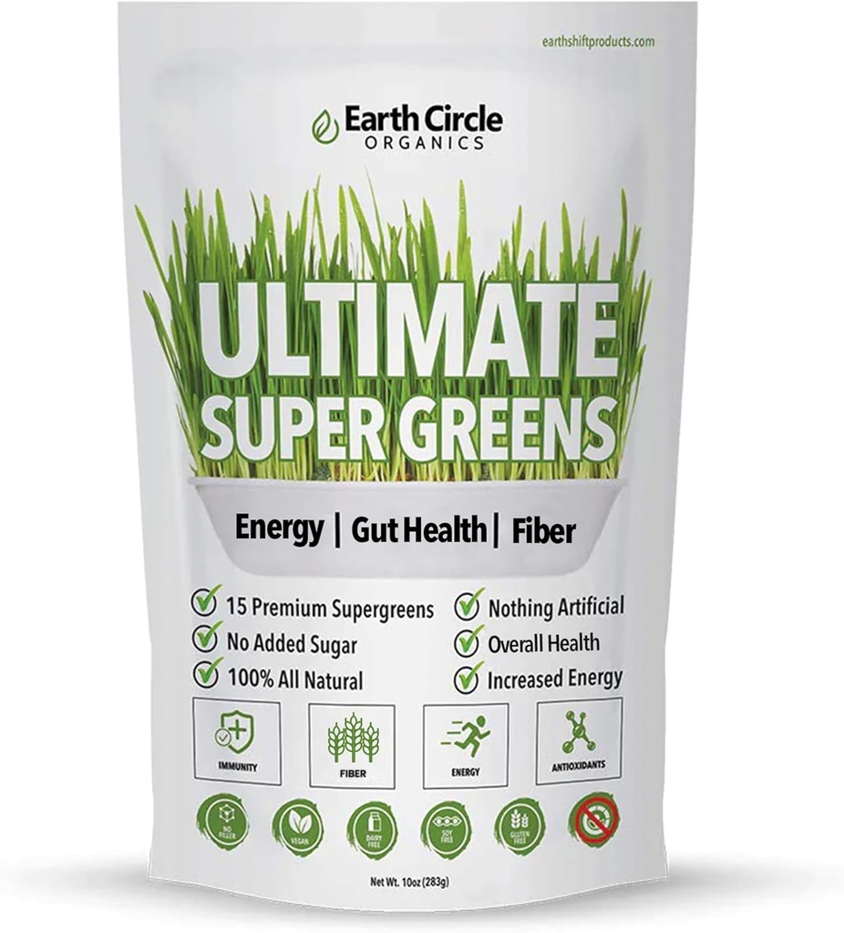 Círculo de la Tierra Orgánicas Últimos Super Verdes Polvo Silencio 15 Poderosos Superalimentos Silenciosos Energía & Fiber-Rich Suplemento Verde Silencio Vegan, No Aditivos Silencio para Smoothie Mix & Juices Silencioso 30 Servings, 10oz (Pack of 1)