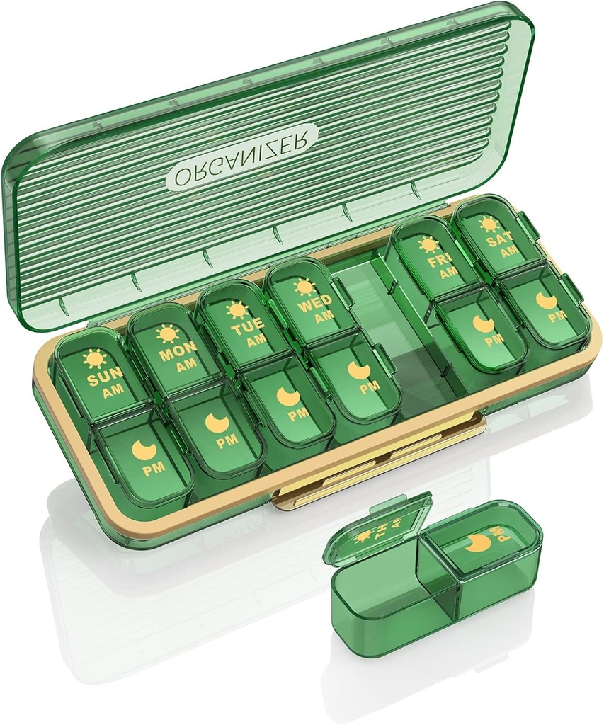 Organizador de píldoras 2 veces al día, 7 días Am Pm Pill Box - Acedada Organizador semanal de píldoras con contenedor separado, dispensador de medicamentos diarios portátiles para vitamina, aceites de pescado, suplementos, verde