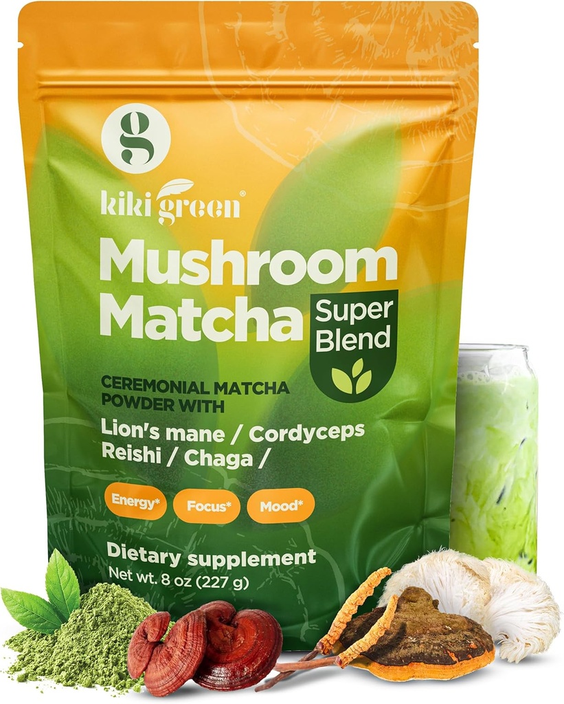KIKI Mushroom verde Matcha Super Blend - Matcha Powder con Lion's Mane, Chaga, Reishi, Cordyceps - Mushroom Coffee Alternative for Energy, Focus, Immunity - 8 oz, 40 Servings