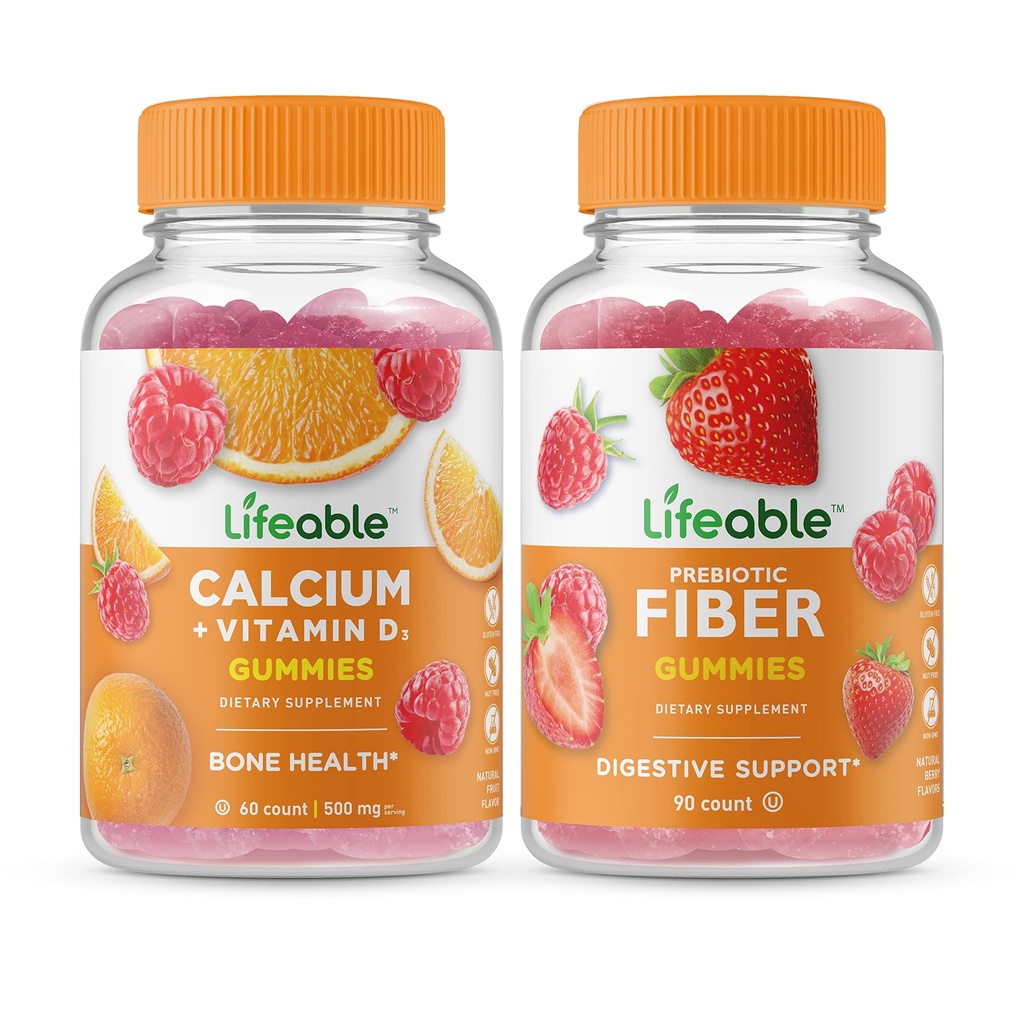 Calcio Lifeable con vitamina D + fibra prebiótica 5g, paquete de Gummies - Gran Tasting, Suplemento de vitamina, Gluten Gratis, GMO Gratis, Chewable