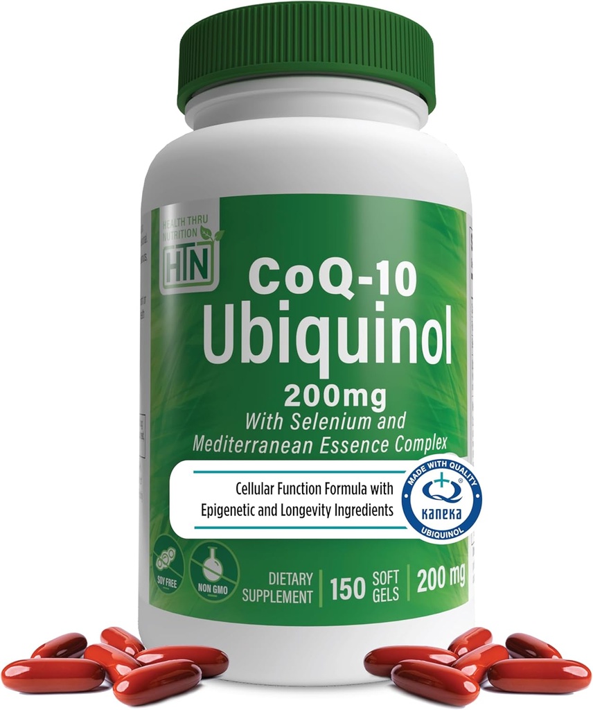 Salud Ubiquinol Nutrición Ubiquinol 200mg 150 Servimientos con Complejo Selenio y Esencia Mediterránea Silencio Función Celular Fórmula con Ingredientes Epigenéticos y de Longevidad Kaneka Qh